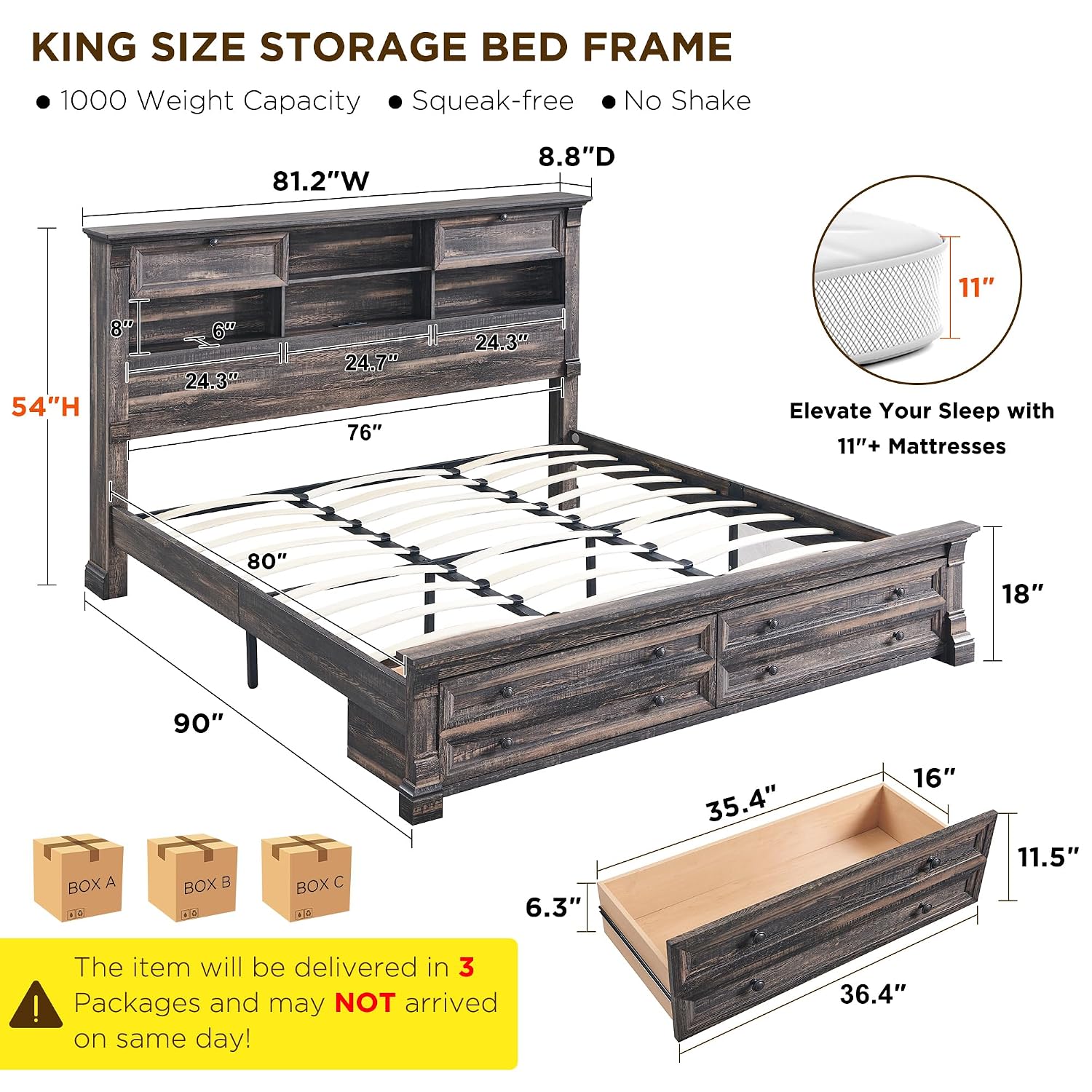 King Size Bed Frame With Storage Drawers - Rama łóżka typu King Size, zagłówek