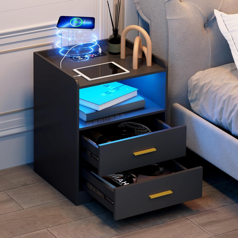 Solid Wood Nightstand 2 Drawers - Czarna szafka nocna z stacją ładującą,