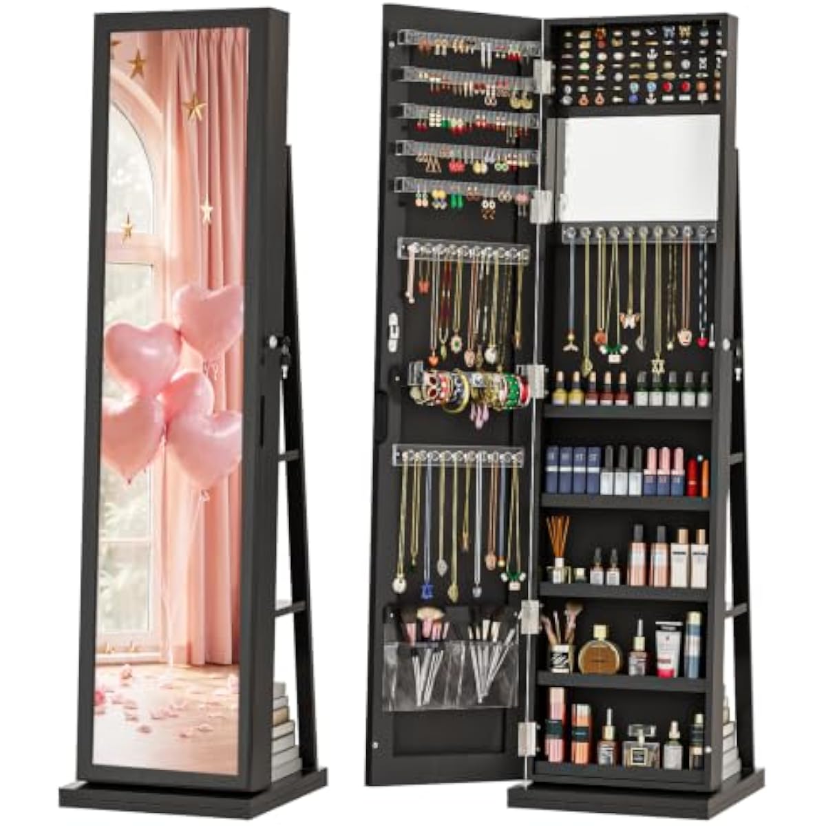 Full Length Mirror Jewelry Armoire - Elegancka czarna stojąca szafa na biżuterię