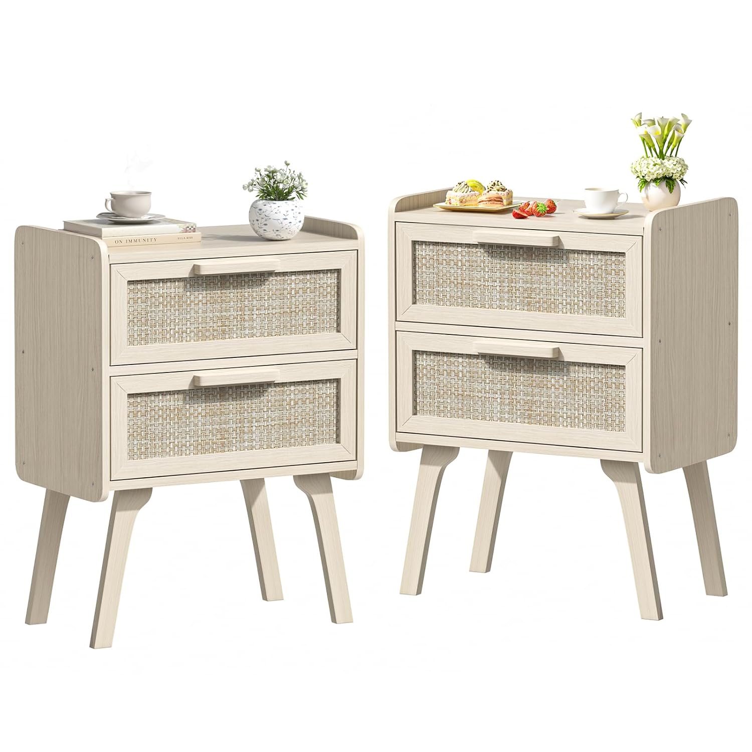 Solid Wood Nightstand 2 Drawers - Zestaw 2 stolików nocnych z rattanu,
