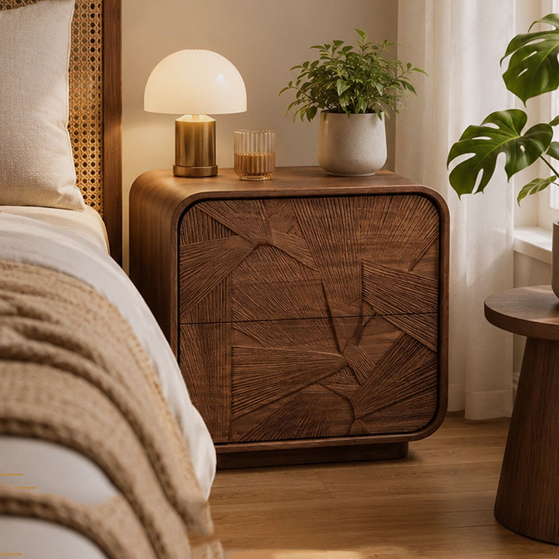 Solid Wood Nightstand 2 Drawers - Szuflady Drewniana Szafka Nocna Przechowywanie Luksusowa