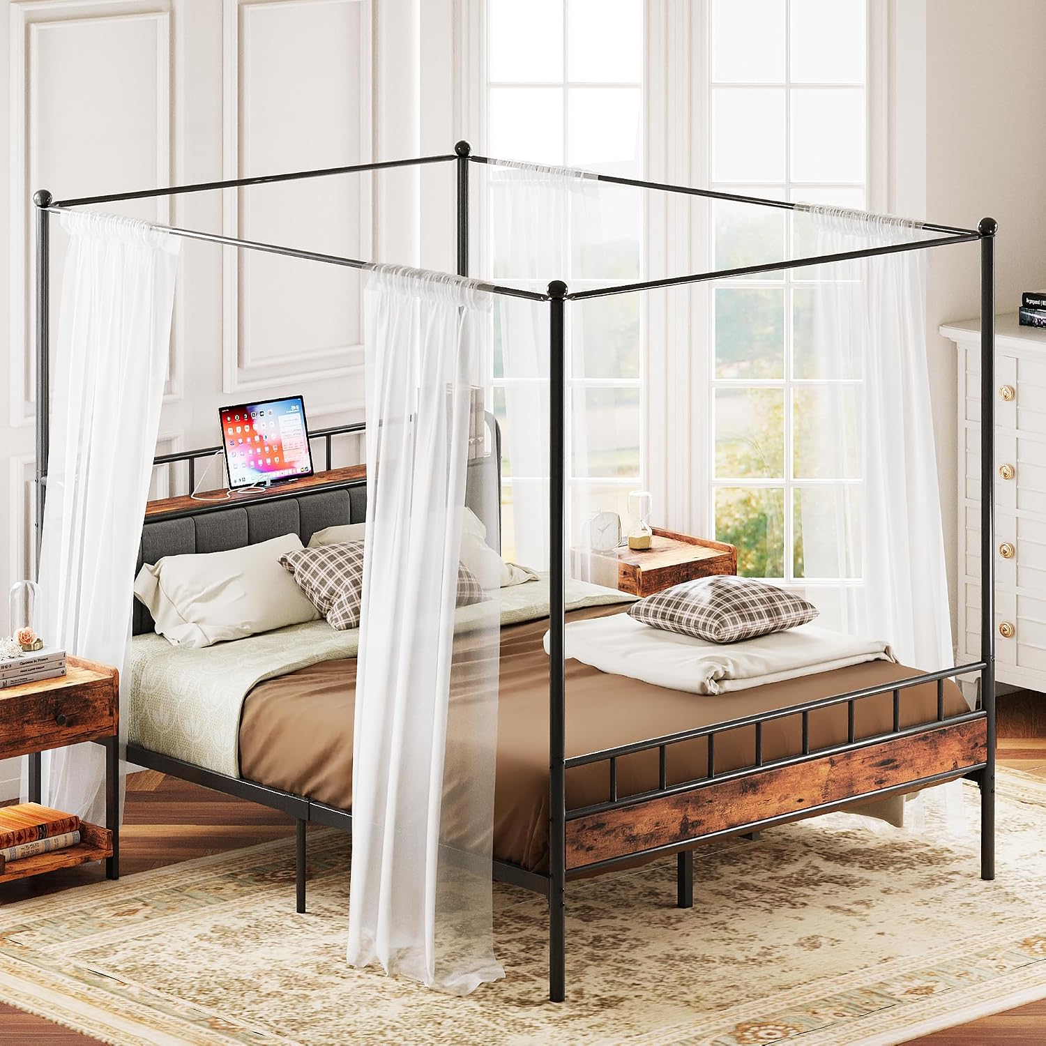 Canopy Bed Frame Metal Queen - Rama łóżka z baldachimem typu queen-size,