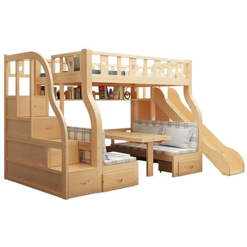 Bunk Bed With Stairs And Slide - Łóżko piętrowe wielofunkcyjne z litego drewna,