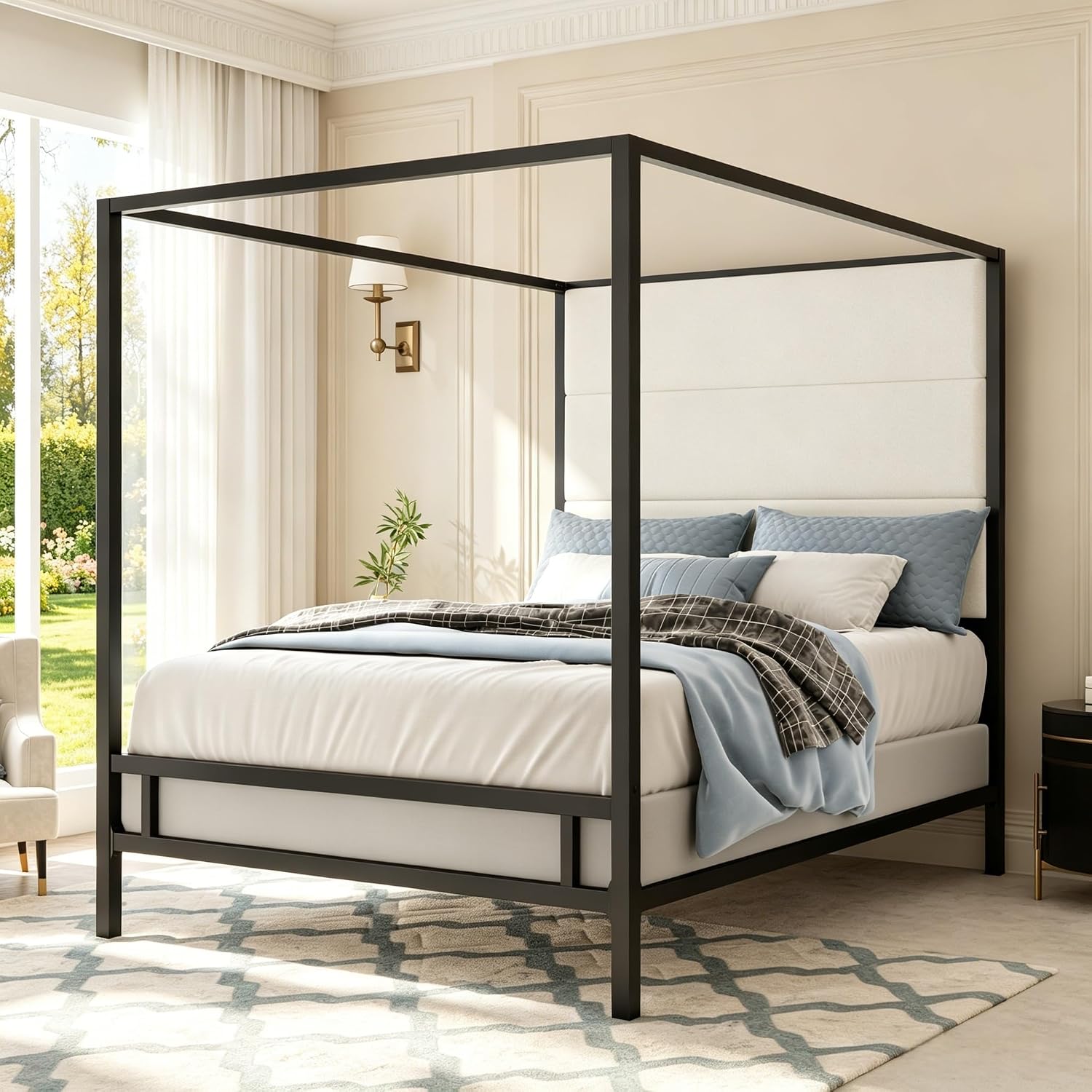 Canopy Bed Frame Metal Queen - Wysokie łóżko z baldachimem, tapicerowane aksamitem,