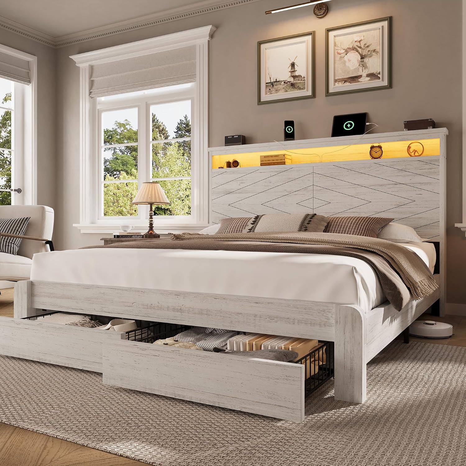 King Size Bed Frame With Storage Drawers - Drewniana rama łóżka typu king size