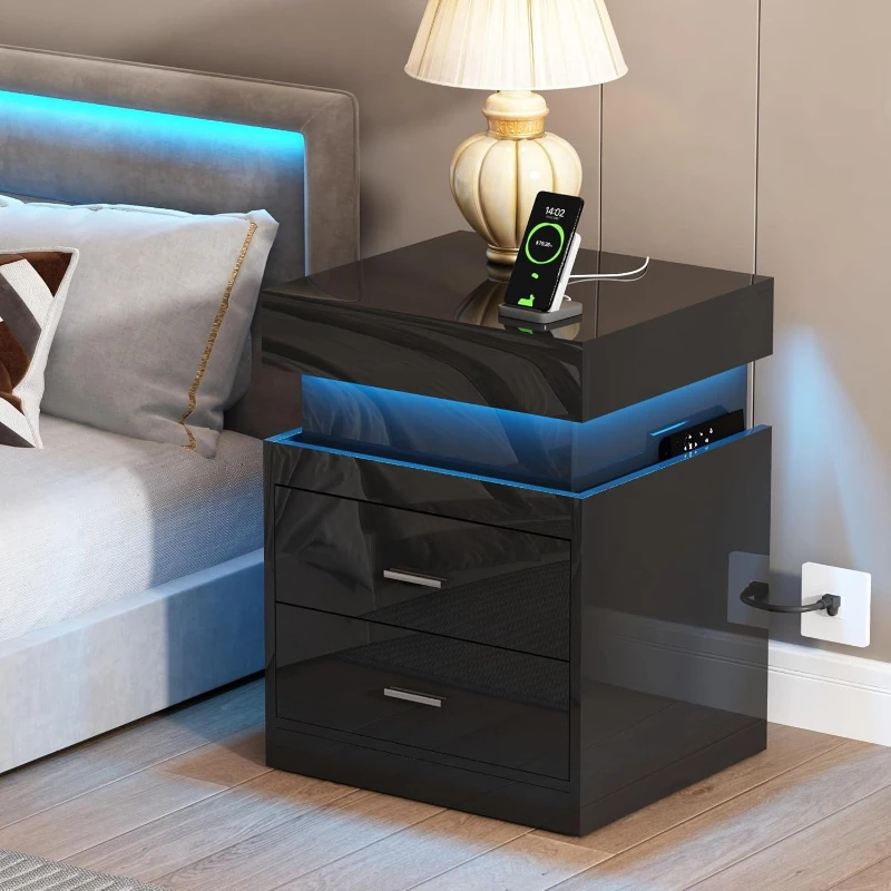 Solid Wood Nightstand 2 Drawers - Stolik nocny LED z stacją ładowania,
