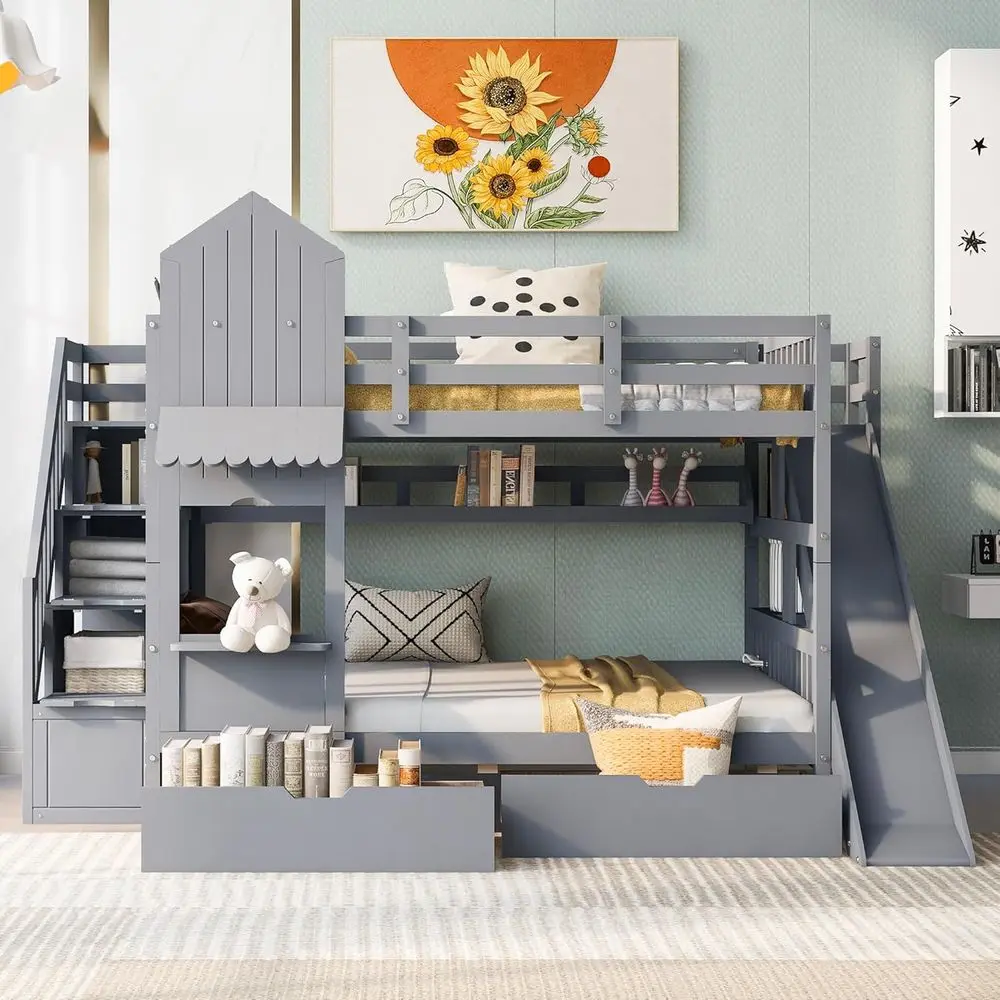 Łóżko piętrowe Full-Size Over  – Bunk Bed With Stairs And Slide recenzja i cena