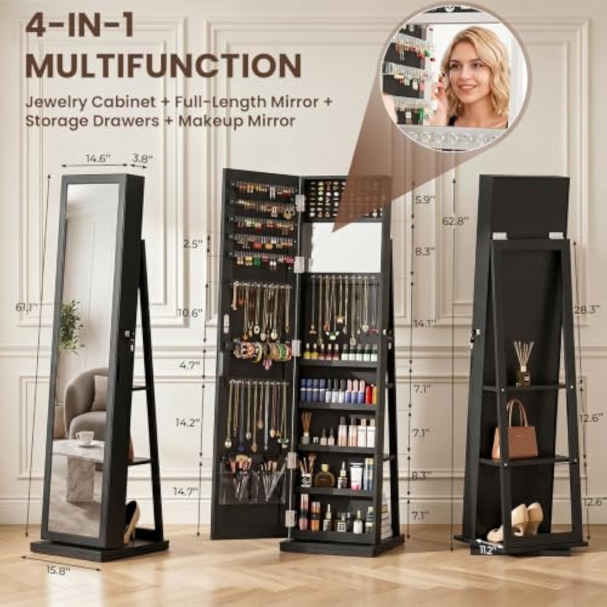Elegancka czarna stojąca szafa – Full Length Mirror Jewelry Armoire recenzja i cena