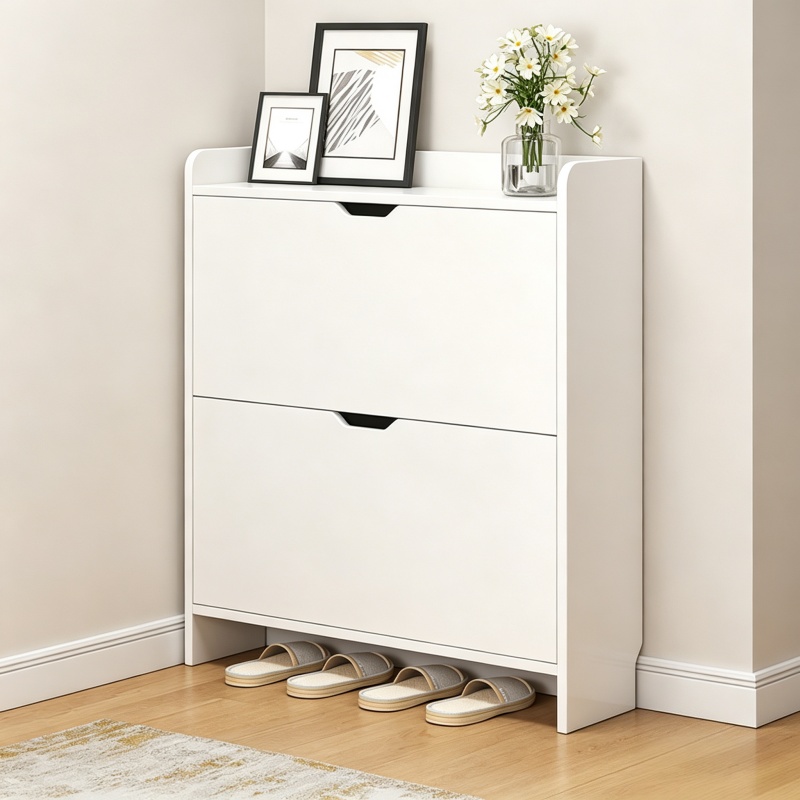 Dwupoziomowa drewniana szafka  – Shoe Rack Cabinet Narrow Entryway recenzja i cena