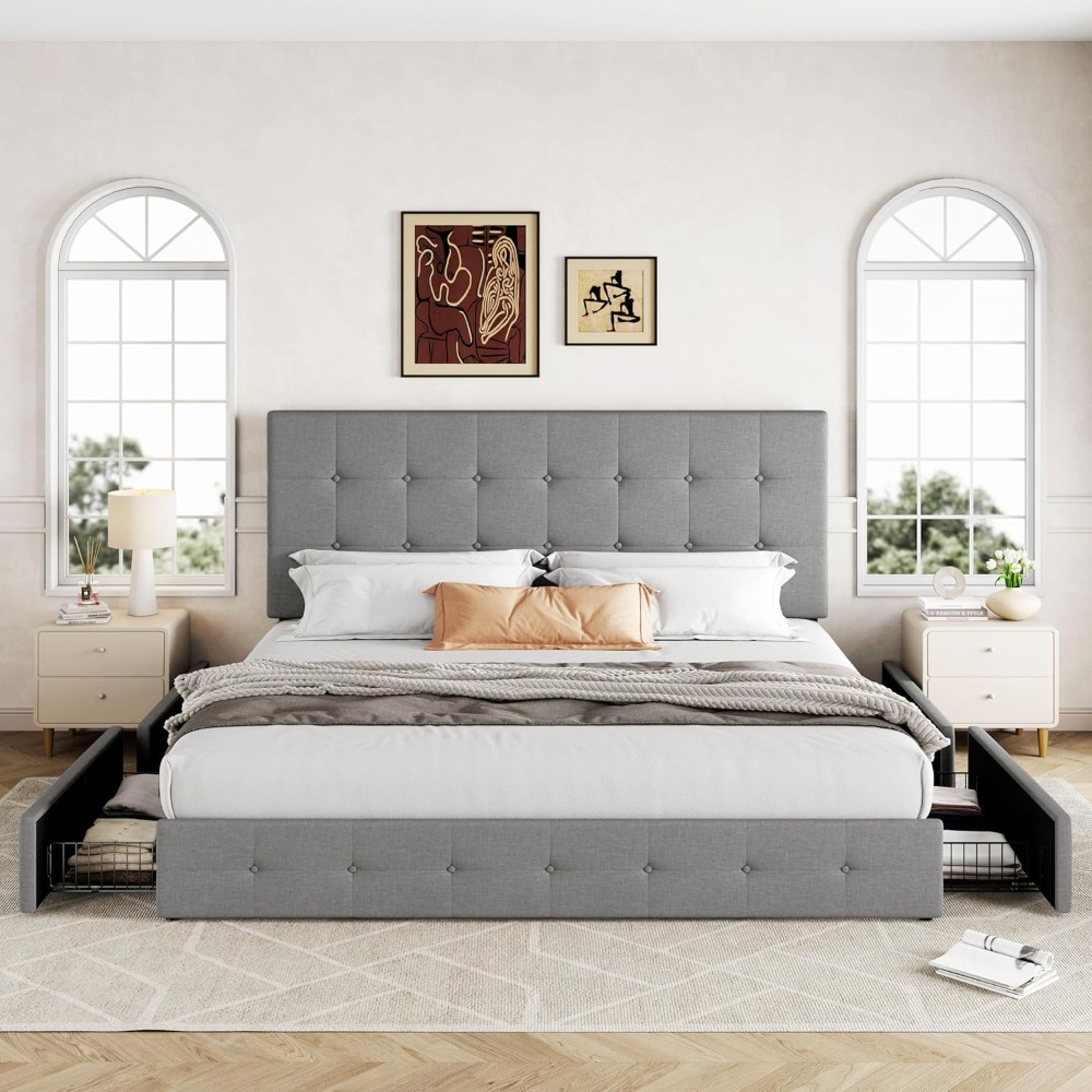 Łóżko platformowe King Size z  – King Size Bed Frame With Storage Drawers recenzja i cena