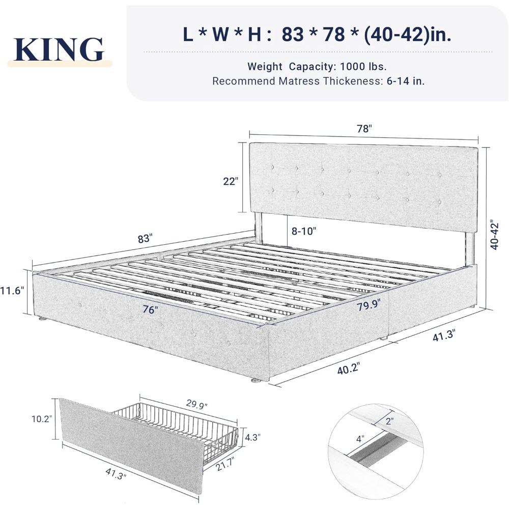 Łóżko platformowe King Size z  – King Size Bed Frame With Storage Drawers recenzja i cena