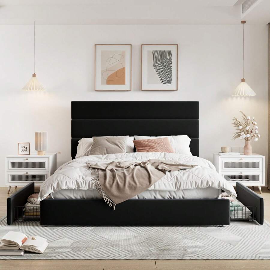 Łóżko platformowe w rozmiarze  – King Size Bed Frame With Storage Drawers recenzja i cena